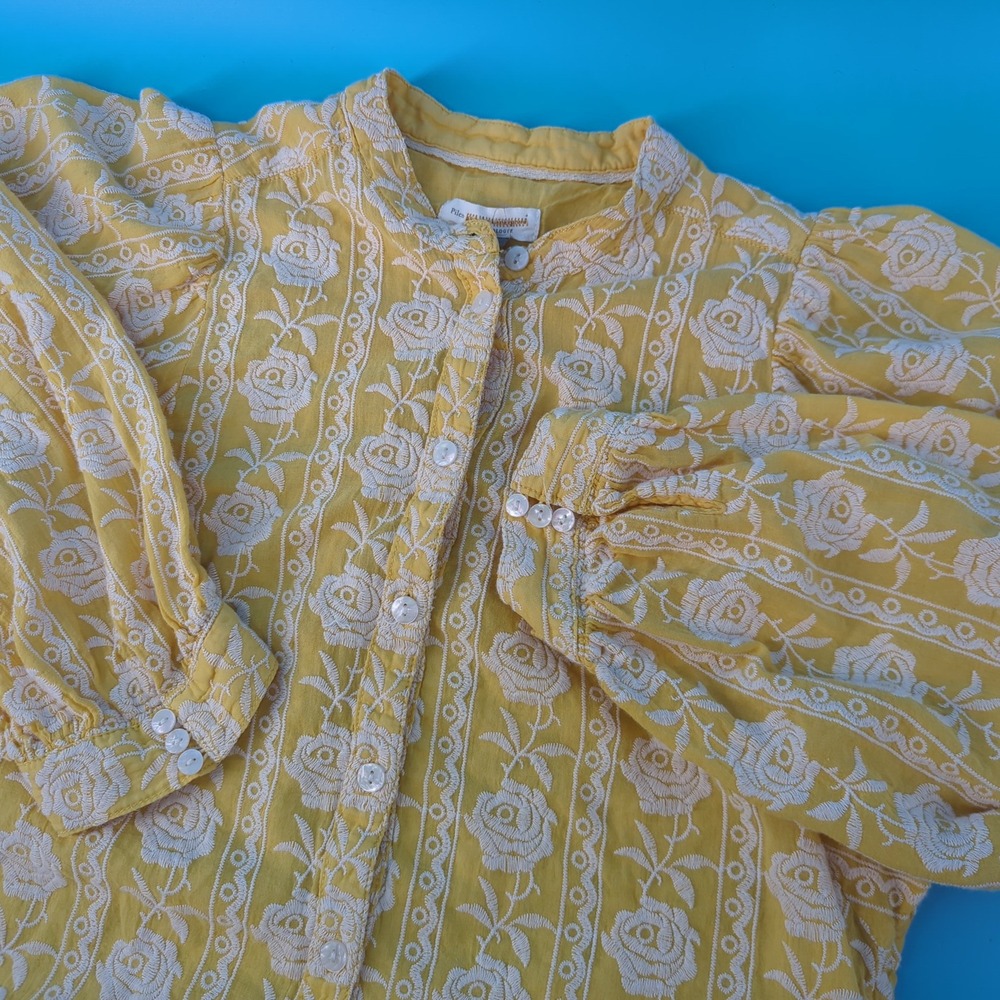Pilcro Anthropologie Yellow Floral Embroidered Cotton Puff Sleeve Blouse Small